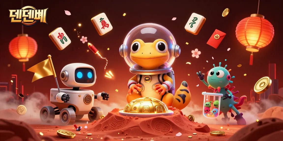 Engaging illustration showcasing 텐텐벳 with a cartoon gecko exploring a golden casino on Mars.