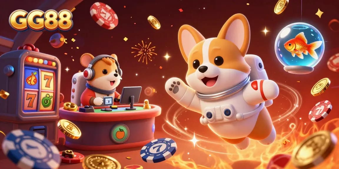 Experience thrilling slots at GG88 with a playful astronaut corgi and fantastical scene.
