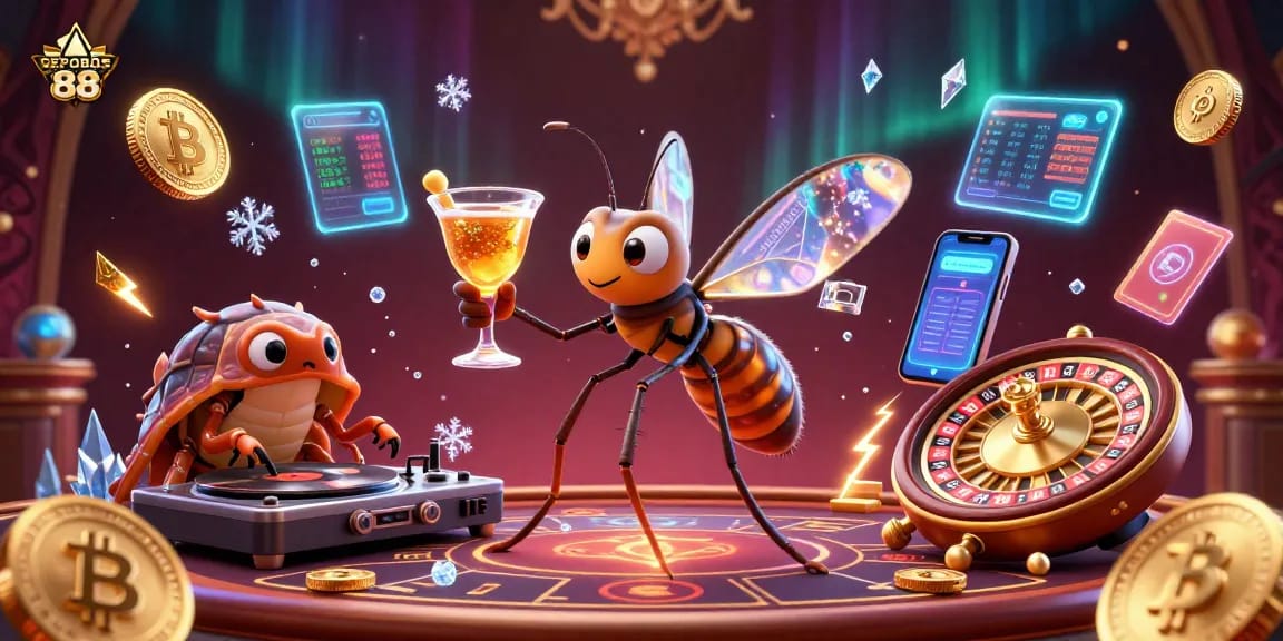 Experience thrilling gameplay with DEPOBOS 88, featuring a lively casino scene rich in digital elements.