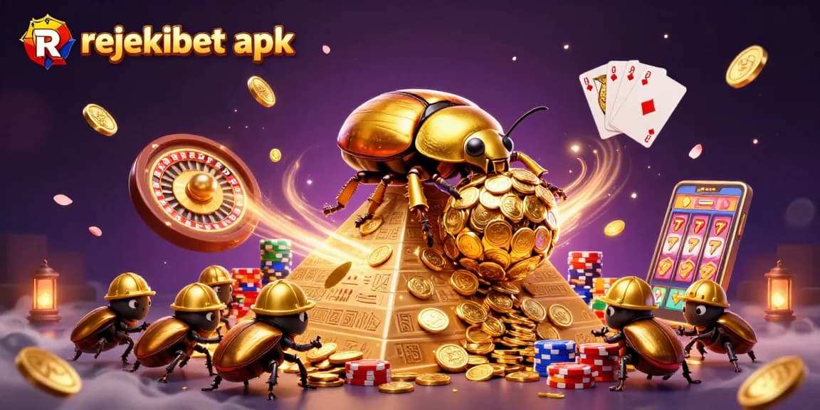 Experience winning big with rejekibet apk, featuring golden beetles and casino symbols in a vibrant scene.