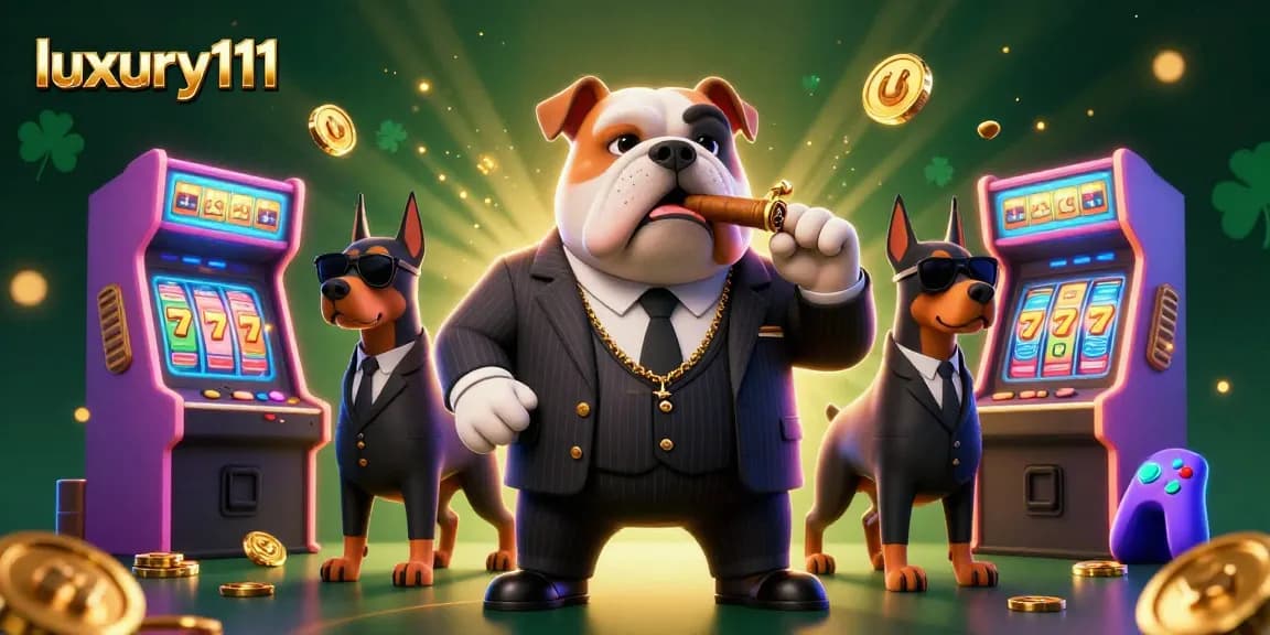 Experience the excitement of luxury111 with a mafia-themed casino illustration featuring game elements and characters.