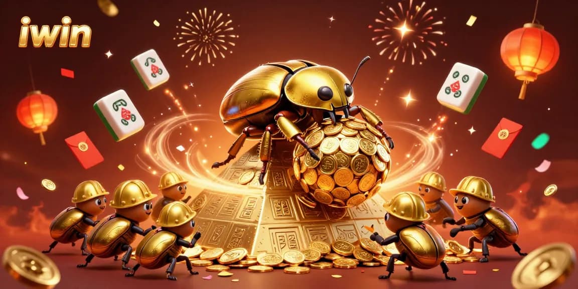 Join the exciting iwin casino adventure with the dazzling golden beetles rolling in a vibrant 3D scene.