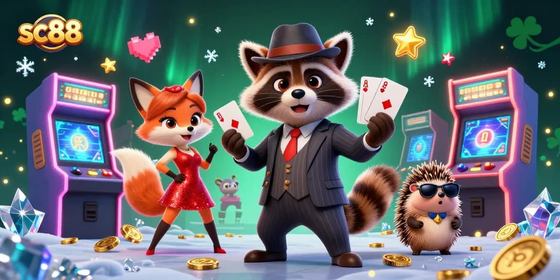 Experience thrilling gameplay at sc88 with a charismatic raccoon, stylish fox, and hedgehog bouncer in a vibrant casino setting.