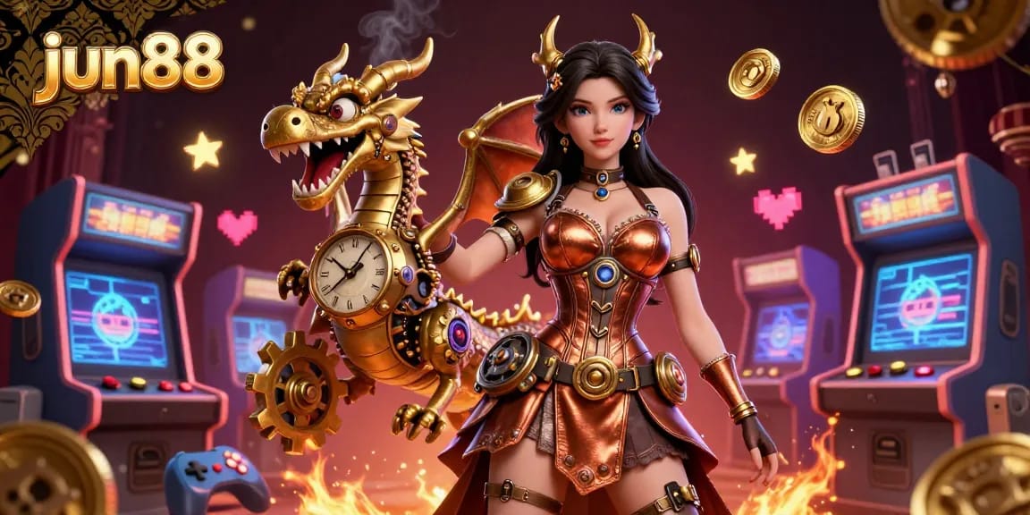 Experience thrilling gaming with jun88 in an interactive 3D casino scene filled with arcade games and vibrant details.