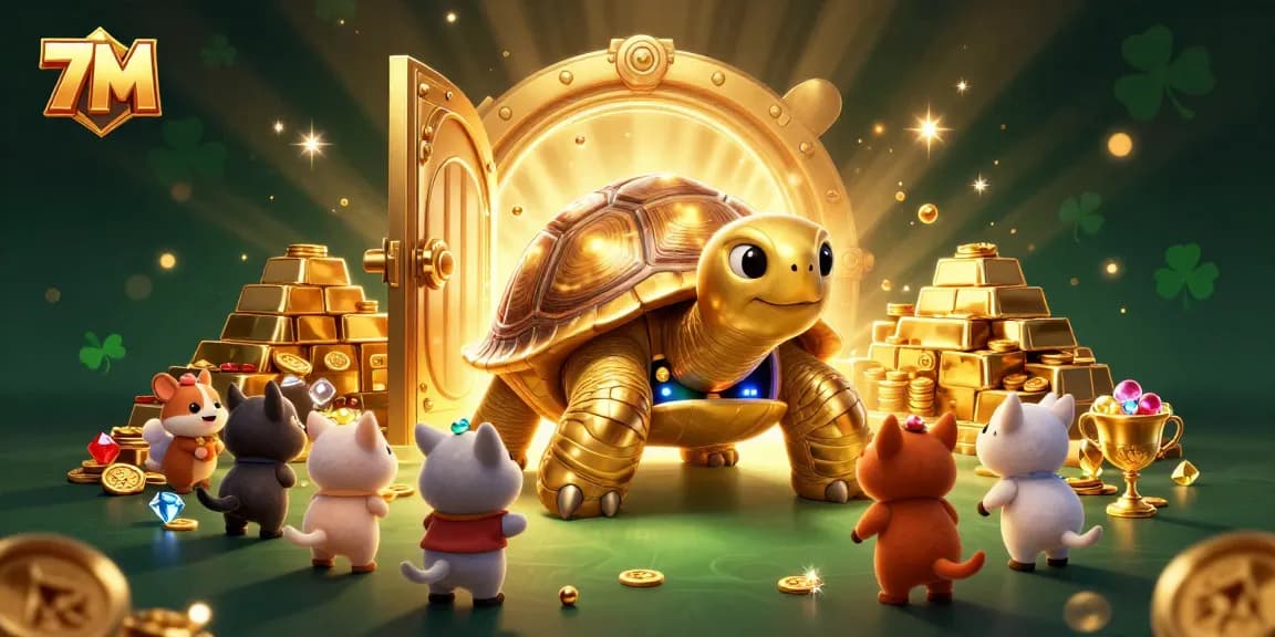 Engage with 7M's thrilling gaming experience featuring a colossal golden tortoise and treasures.