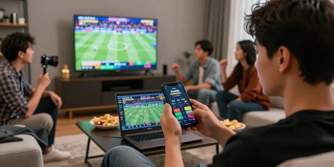 Engaged user placing bets on fun88casino app in a lively home setting during live sports.