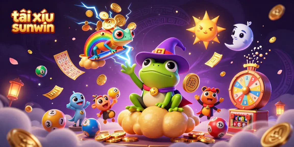 Engage in thrilling tài xỉu sunwin gameplay with vibrant characters amidst a storm of golden coins and lottery excitement.