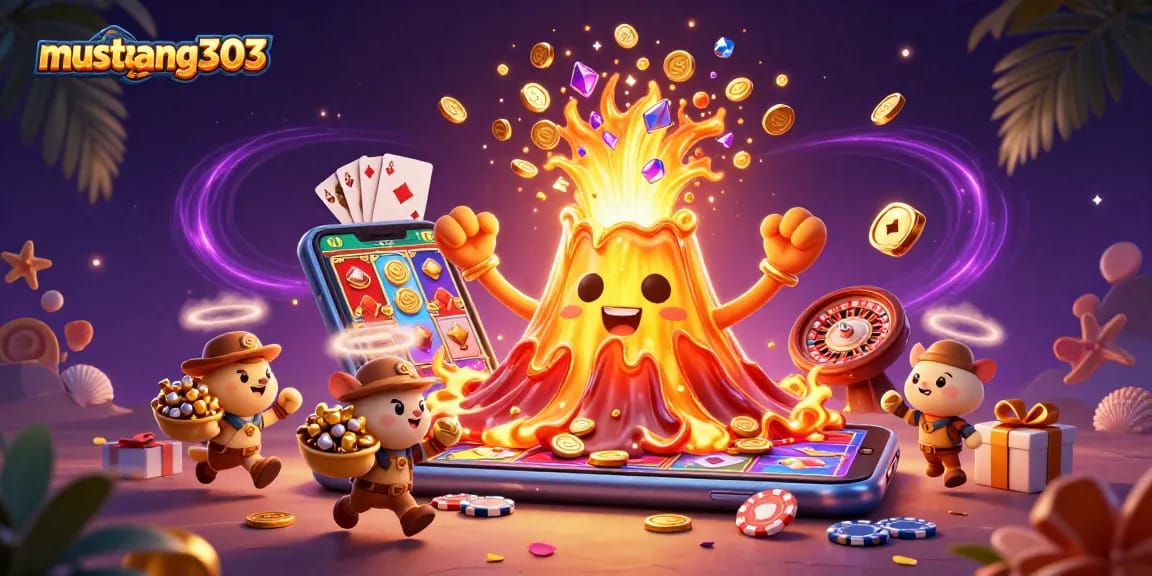 Engage with mustang303's vibrant casino scene featuring an erupting volcano with treasures and dynamic game elements.
