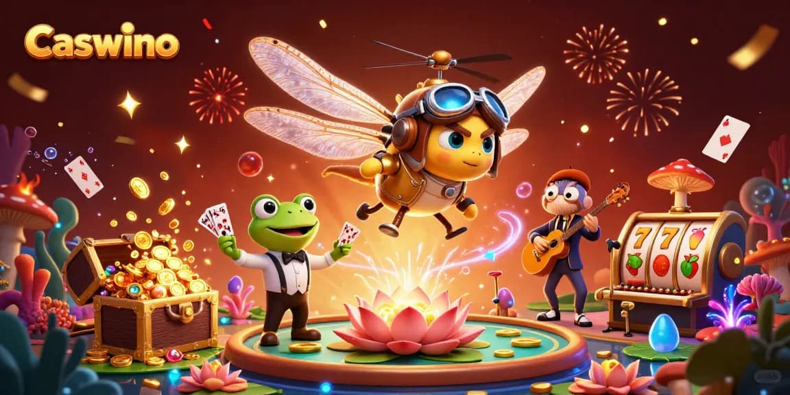 Experience Caswino's vibrant casino magic with a frog croupier dealing cards in a lively setting.