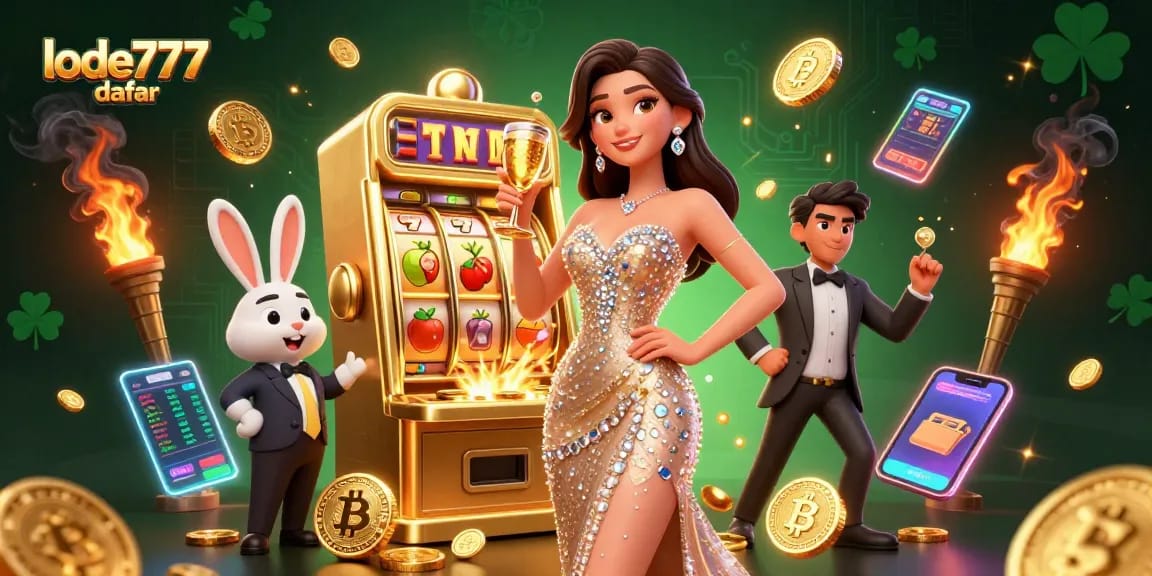 Experience the thrill of lode777 daftar with vibrant slot machines, stunning characters, and golden coins flowing.