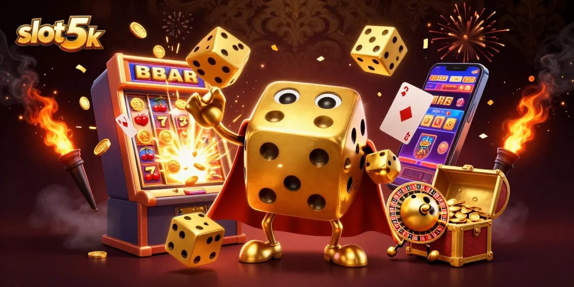 Spin the reels with excitement at slot 5k as golden dice and a jackpot explosion create a thrilling casino scene.