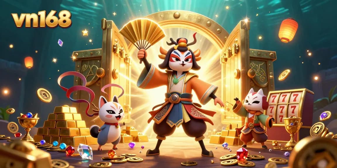 Experience winning moments at vn168 with vibrant 3D casino illustration featuring luck and treasures.