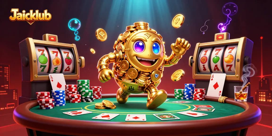 Engage with thrilling games on Jaiclub as a golden golem and poker elements combine for a vibrant casino experience.