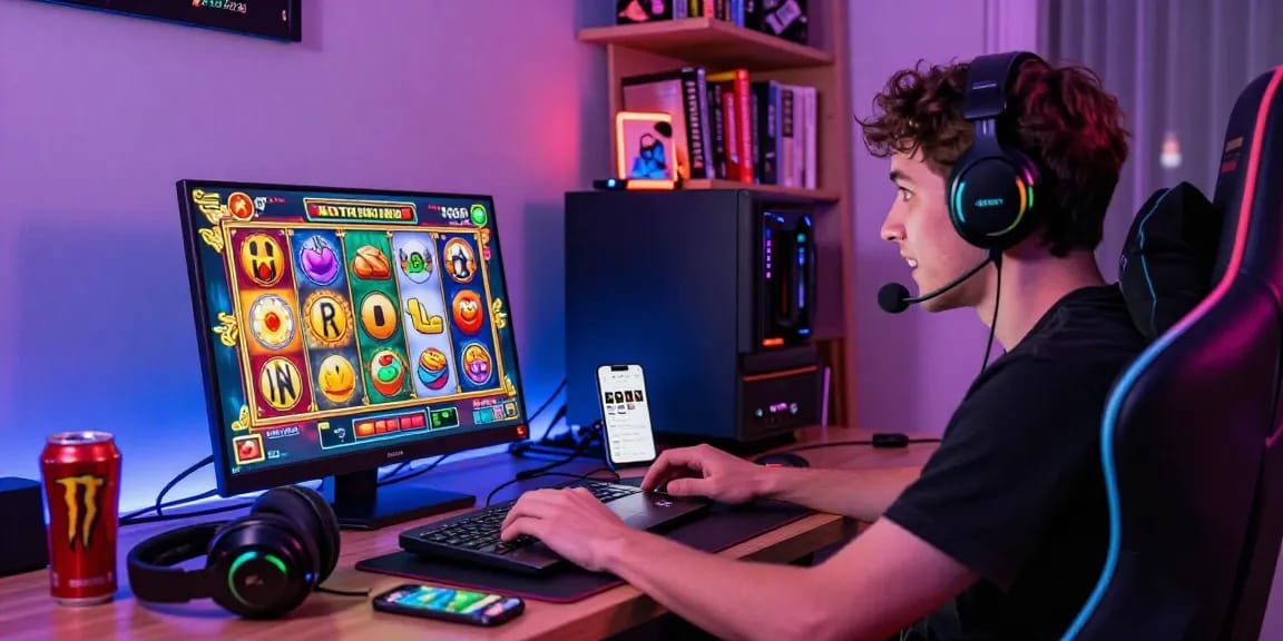 Exciting gaming moment showcasing Link Alternatif Cemeslot on a laptop with vibrant slot graphics and enthusiastic user.