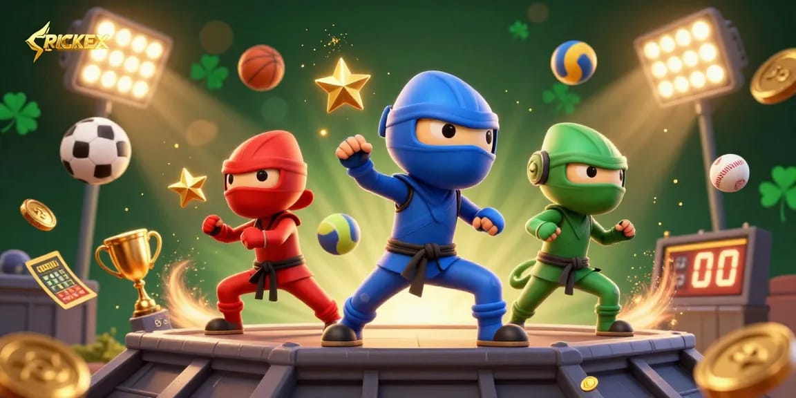 Engage in dynamic CRICKEX sports betting with animated chameleon ninjas among vibrant game elements.
