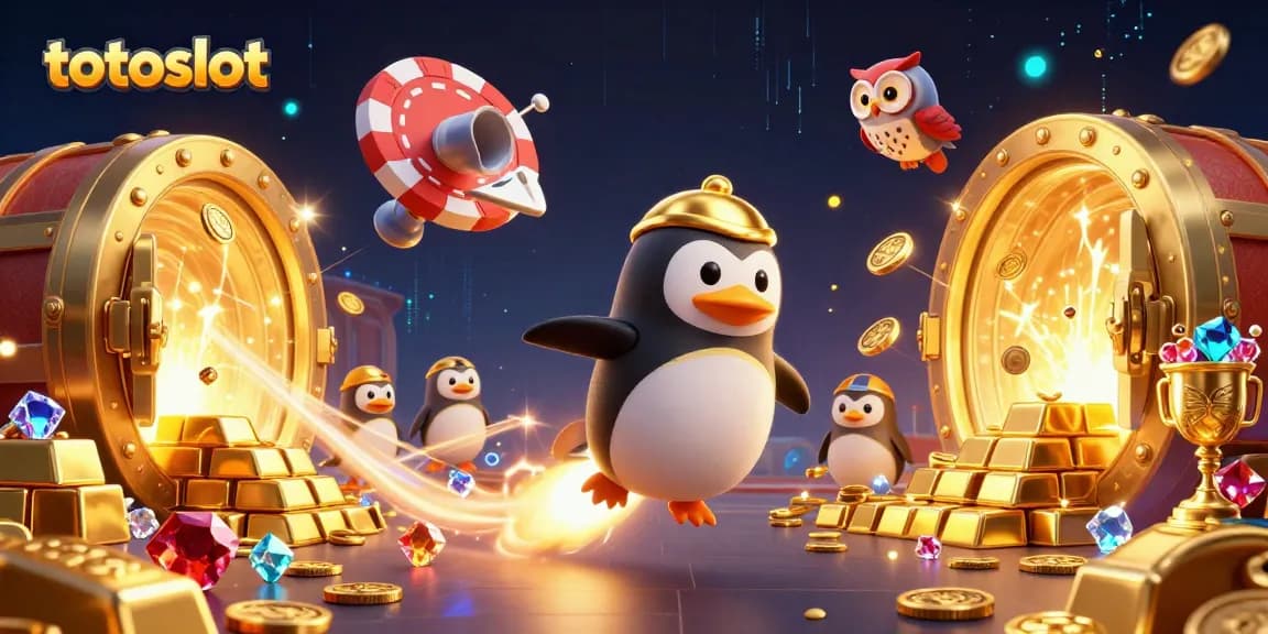 Totoslot bonuses drive excitement with 3D penguin and gem-filled treasure chest in vibrant casino scene.