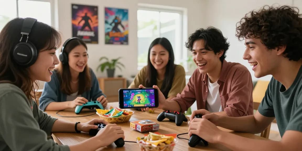 Tiranga Game platform showcasing friends playing colourful games on a smartphone in a cozy living room.