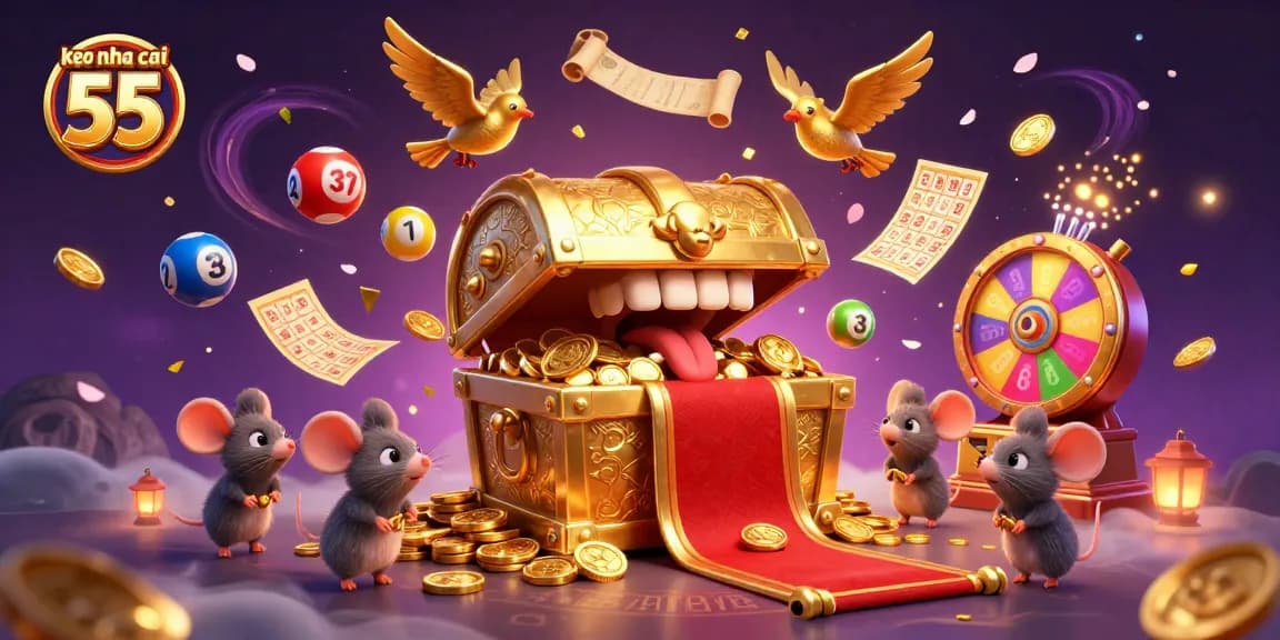 Engage with keo nha cai 55 as a lively digital illustration full of colorful elements, enticing gamblers.