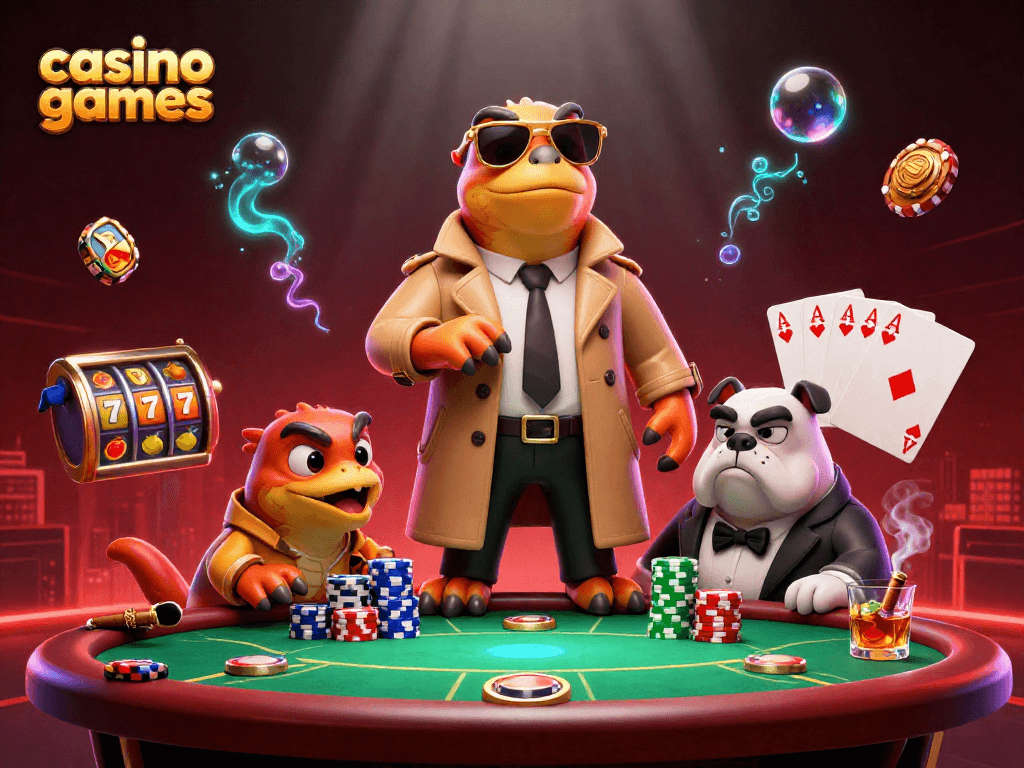 Enjoy casino games with raptors in a trench coat at a VIP casino lounge scene.