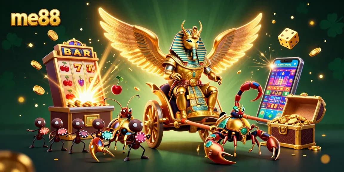 Spin to win at me88 with a vibrant 3D casino-themed illustration featuring golden upgrades and lively characters!