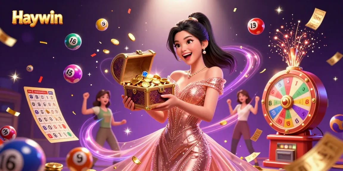 Experience Haywin's excitement with a dazzling treasure chest of winnings and a vibrant casino atmosphere.