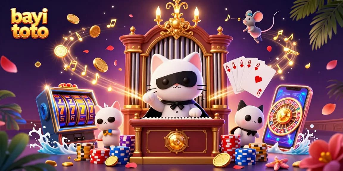 Bayi toto showcases an exhilarating casino scene with animated characters, spinning slot reels, and lively gaming elements.