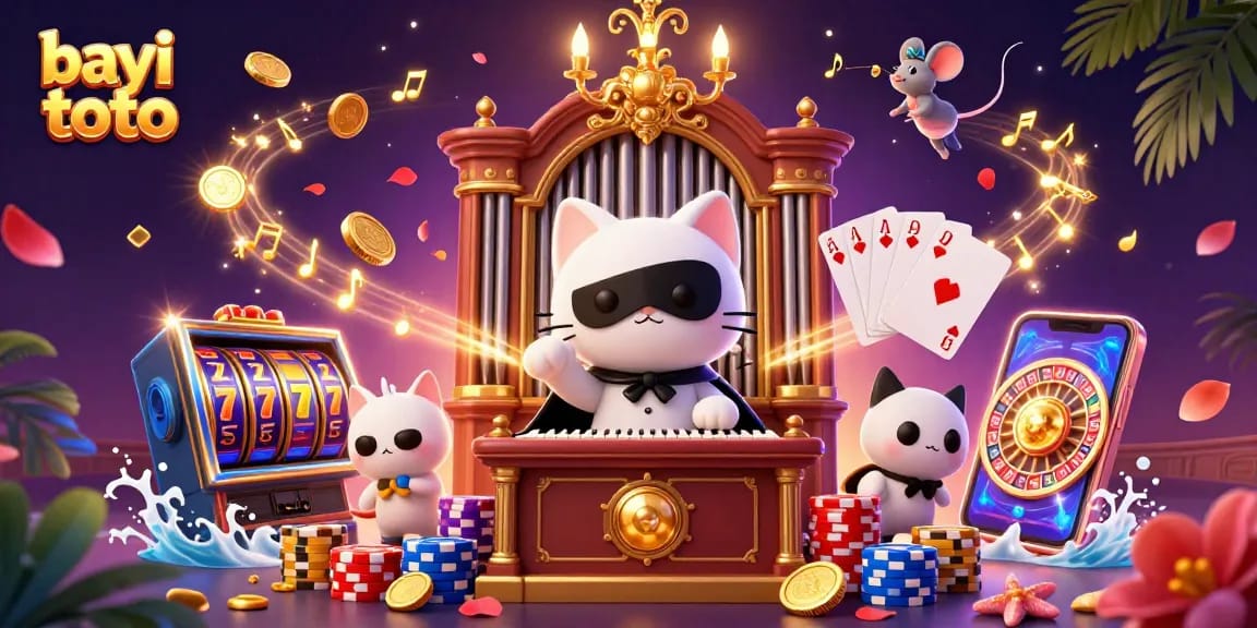 Bayi toto showcases an exhilarating casino scene with animated characters, spinning slot reels, and lively gaming elements.