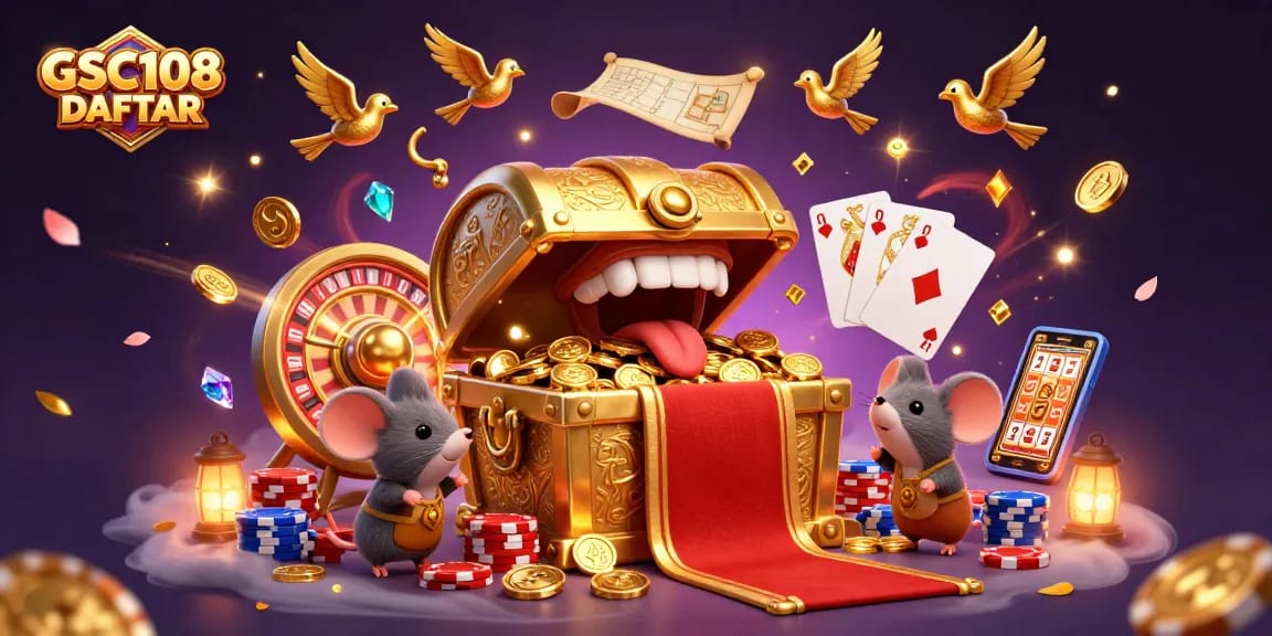 Spin to win with GSC108 DAFTAR, showcasing a vibrant scene of golden treasure and casino excitement.
