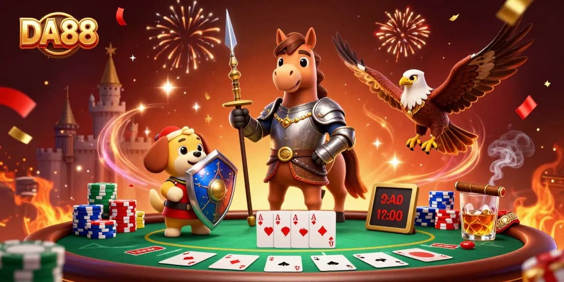Join the thrilling DA88 poker action with vibrant characters and colorful chips in this engaging casino scene.