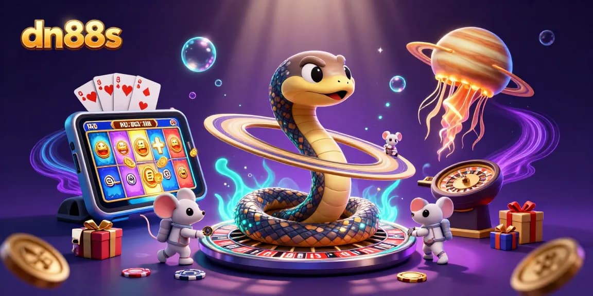 Engage with the exciting world of dn88s through this vibrant 3D illustration depicting games and cosmic elements.