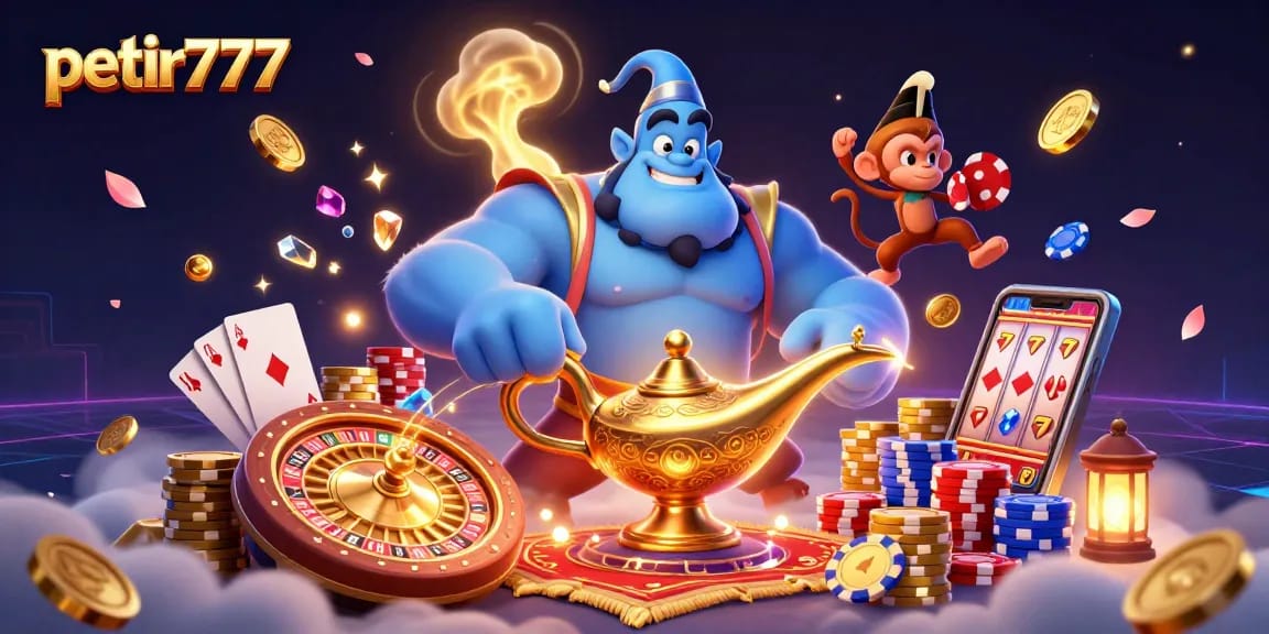 Engage with petir777 in a vibrant 3D illustration showcasing casino excitement and winning moments.