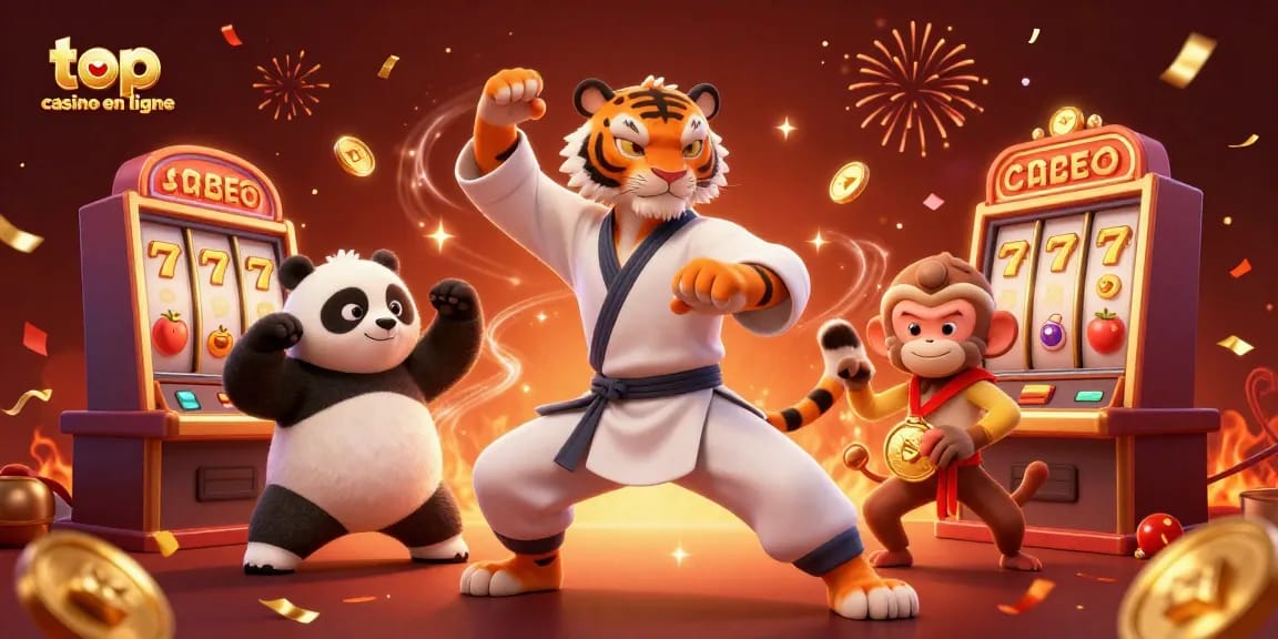Engagez-vous avec le meilleur casino en ligne alors que le maître tigre kung fu se tient fort, entouré d'éléments de machines à sous vibrants.