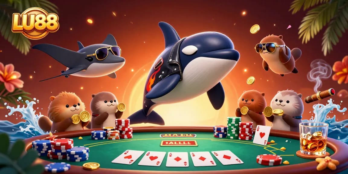LU88 showcases playful sea creatures and gold coins in an exciting online casino atmosphere.