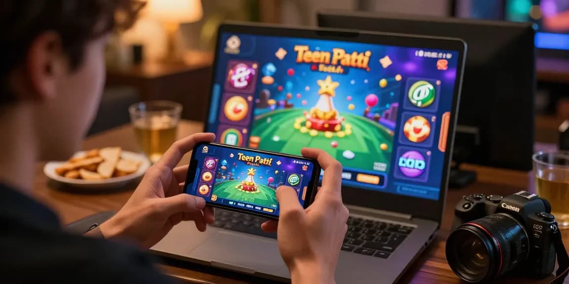Teen Patti Gold login scene showcasing a player engaging with colorful game screens in a cozy setting.