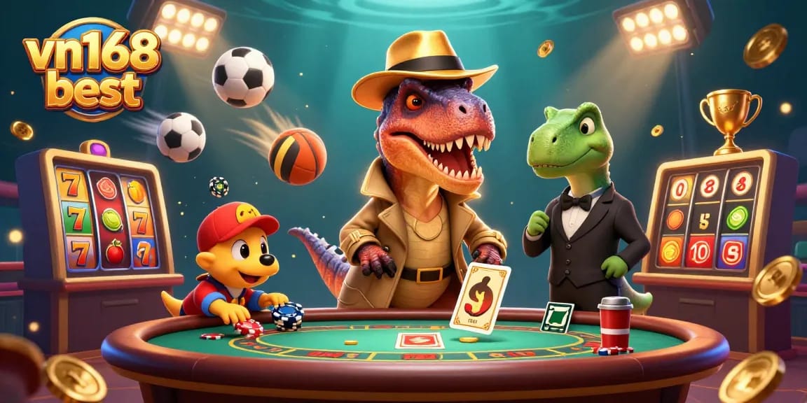 Experience the thrill with vn168 best, as a velociraptor card counter attempts to win at the blackjack table, surrounded by dynamic casino elements.