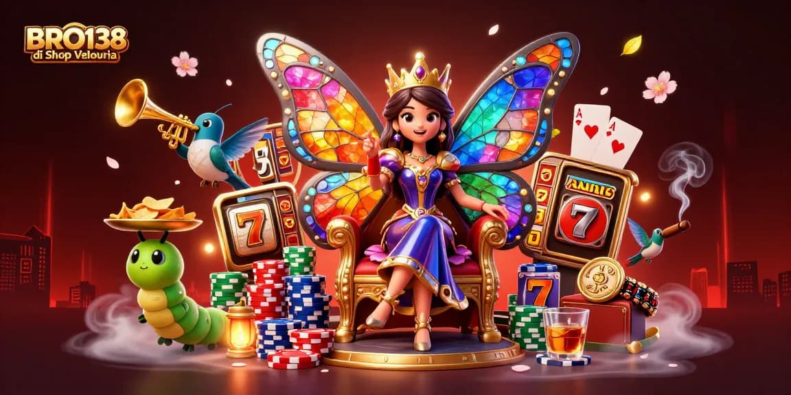 BRO138 di Shop Velouria invites players to immerse in a vibrant casino scene with slot reels and colorful characters.