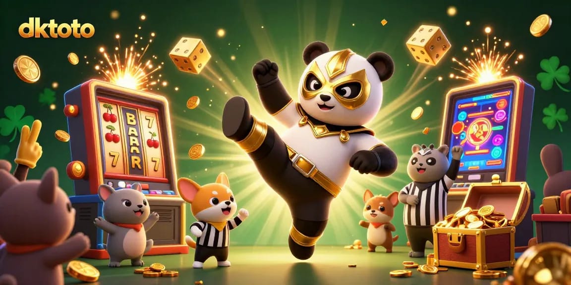 Experience dktoto's vibrant casino atmosphere with lively animal characters and dynamic slot machine action.