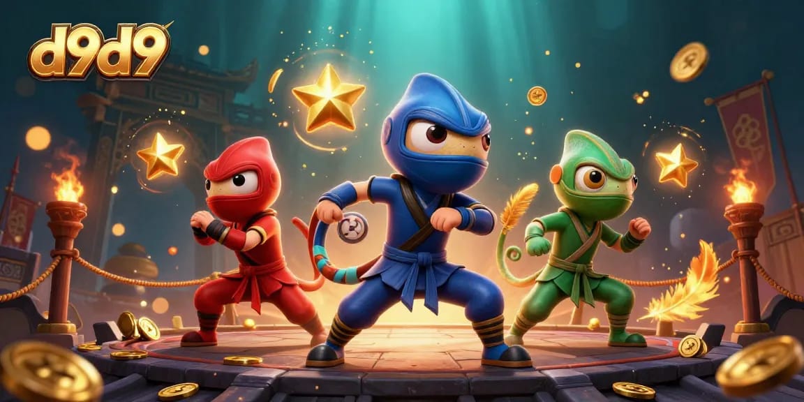 Maglaro sa d9d9 na puno ng ginto at mga simbolo ng slots mula sa isang 3D cartoon ninja chameleon team.