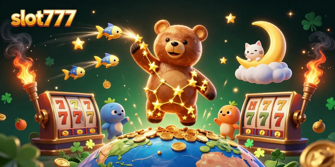 Win big with slot777 in a thrilling 3D casino scene featuring playful characters and vibrant game elements.