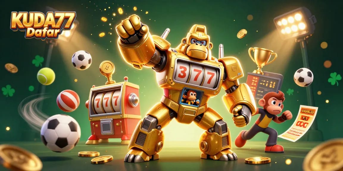 Menangkan KUDA77 Daftar dengan ilustrasi 3D gorila emas dan elemen taruhan yang mengesankan.
