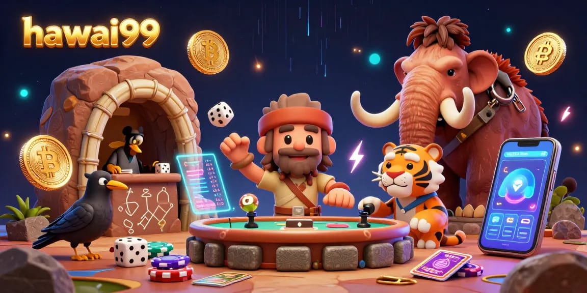 Experience thrilling gameplay at hawai99 with our prehistoric casino scene featuring a caveman, sabertooth tiger, and cryptocurrencies.