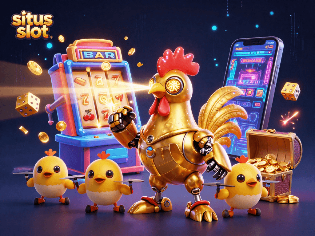Engage in exciting situs slot gameplay with vibrant golden rooster robot and dynamic jackpot scene.