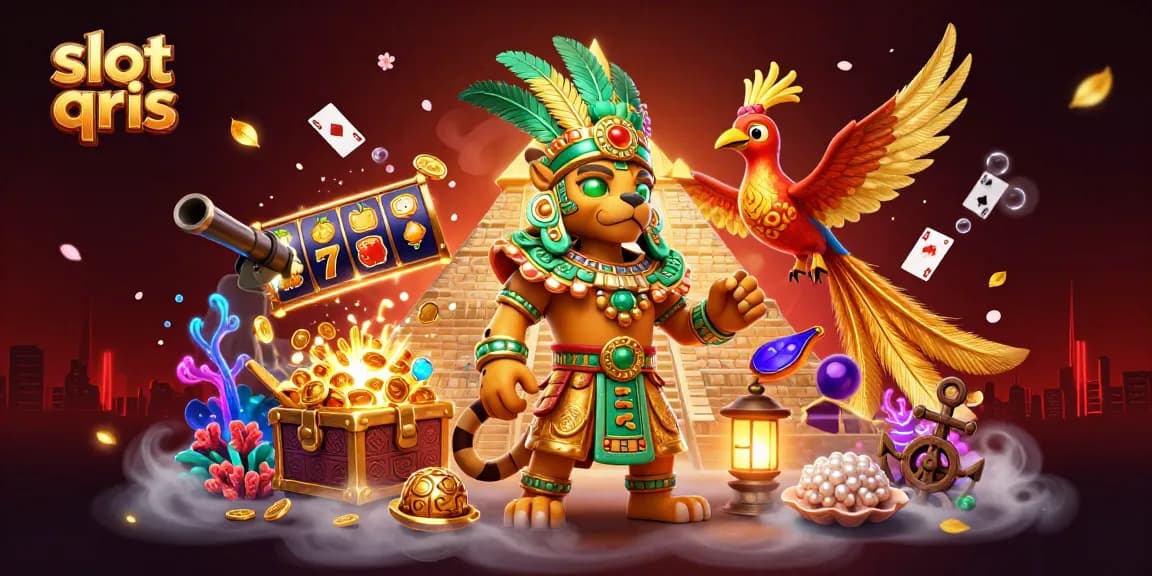 Experience winning with slot qris in this dynamic, colorful 3D casino illustration filled with vibrant gaming elements.