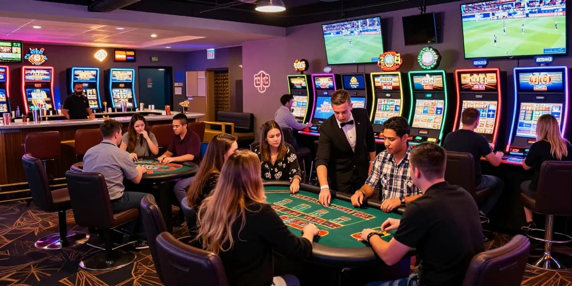 KO66 casino gaming scene with enthusiastic players at tables and slot machines in vibrant lounge atmosphere.