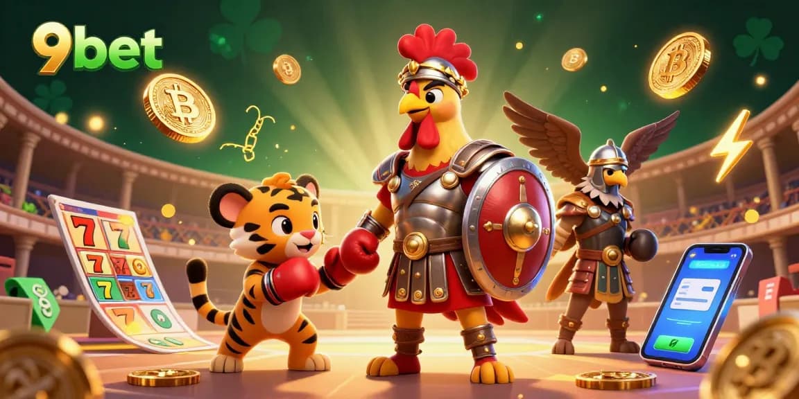 Experience thrilling gaming action with 9bet's vibrant illustration of a rooster gladiator in a casino arena.