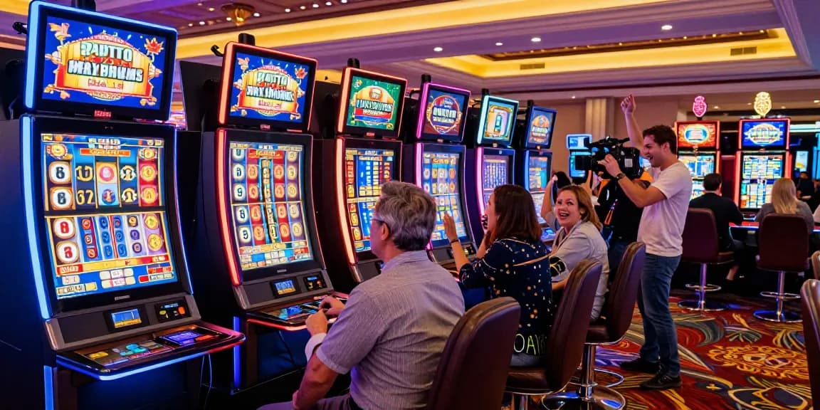 Pengunjung kasino merayakan kemenangan di situs slot gacor dengan mesin slot berwarna-warni dan suasana yang energik.