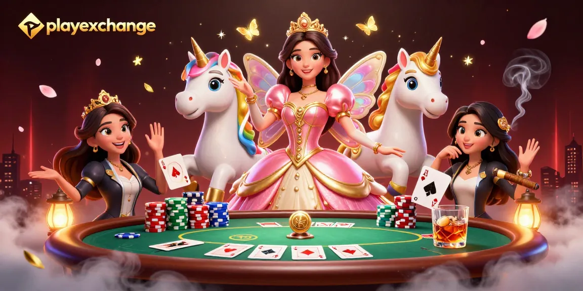 Playexchange offers exciting gaming experiences with a glamorous woman, unicorn, and poker elements.