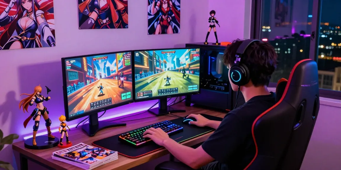 Engaging player enjoying hentai games on a high-end gaming setup, vibrant anime graphics visible, cozy atmosphere with gaming accessories