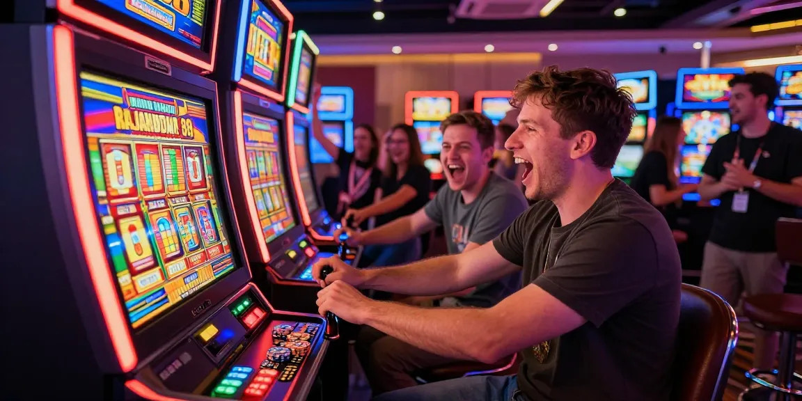 Player celebrating a win at the rajakhodam89 slot machine in a lively casino
