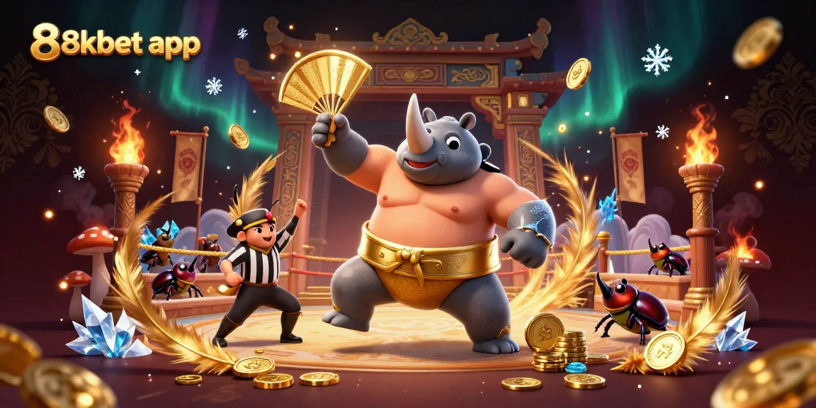 Engage with the thrilling 8xbet app as the rhinoceros beetle champion battles in a vibrant casino arena.